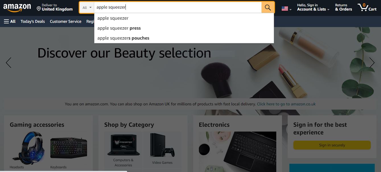 Amazon customer search bar