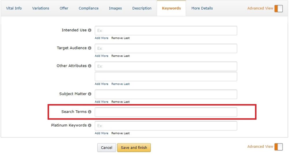 Backend keywords are located under Sear Terms
