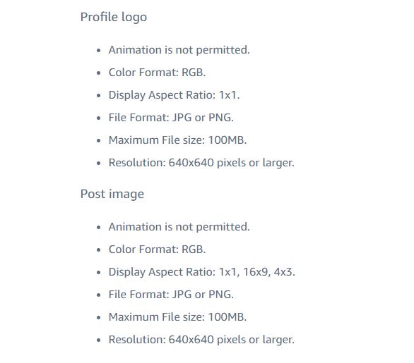 Amazon’s requirements for a profile logo and Post image