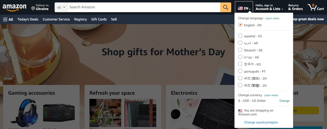 Changing language on Amazon website