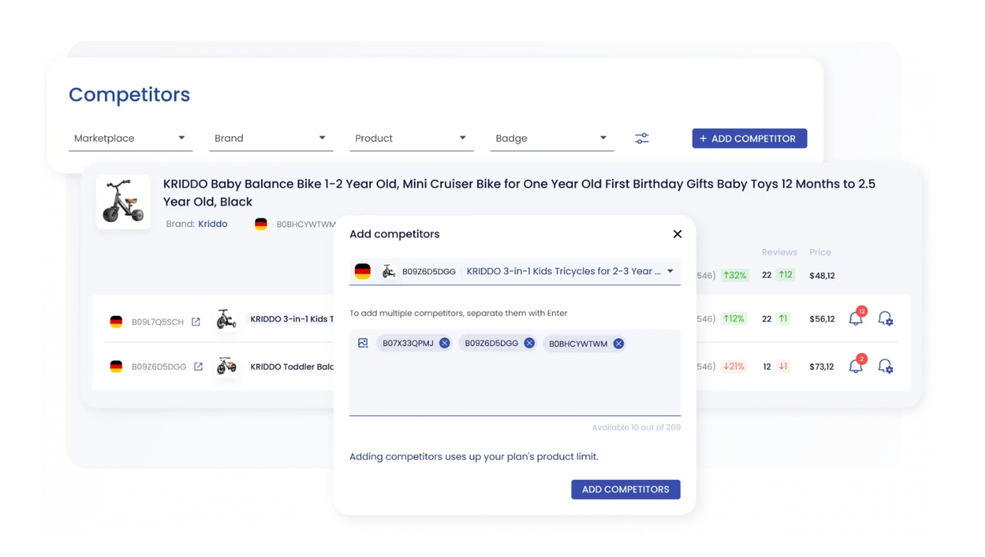 SellerSonar Competitors screen showing add-by-ASIN popup to track rival products with price and review alerts