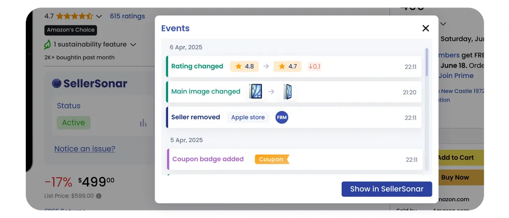 SellerSonar Chrome Extension showing Events panel on an Amazon product page with rating change, main image change, seller removed, and coupon badge.