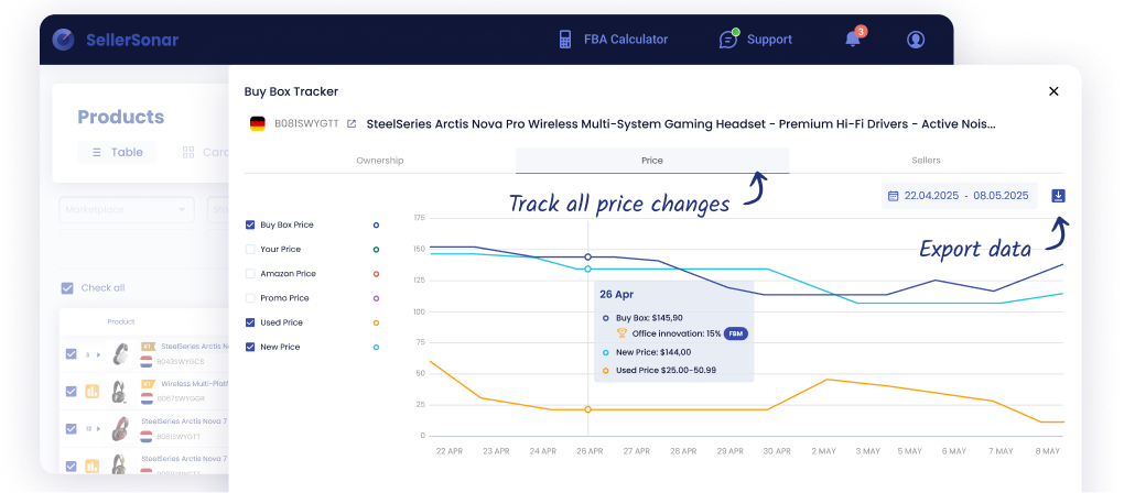 This visual snapshot highlights how you can track the price fluctuations and spot Amazon’s share of the Buy Box (e.g., 86% in this case), helping you decide if price adjustment is necessary.
