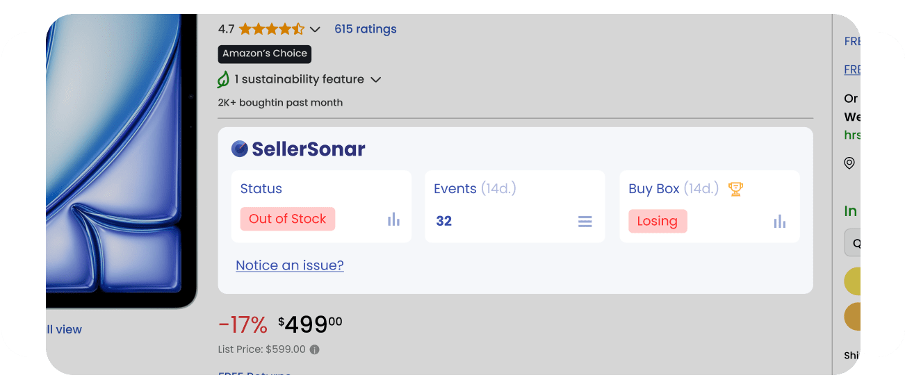 SellerSonar Chrome extension overlay on an Amazon product page showing Status set to Out of Stock, Events count for 14 days, and Buy Box status set to Losing.