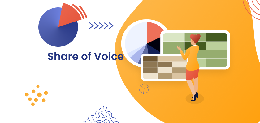 Illustration titled “Share of Voice” showing a person reviewing an analytics dashboard with a pie chart and a heatmap, representing brand visibility across search results and ads.