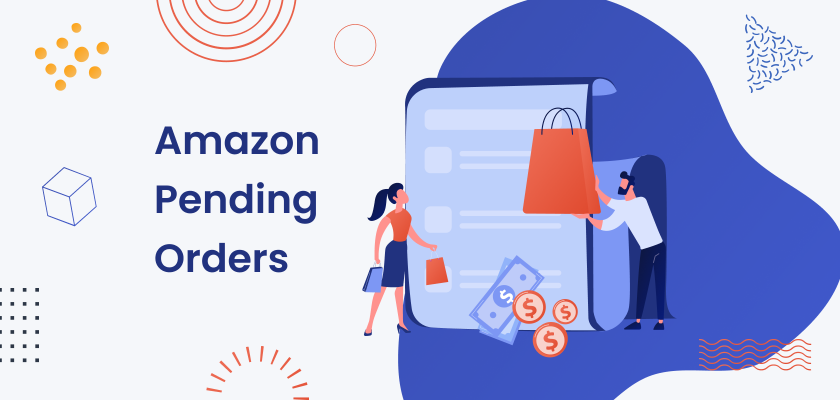 Illustration of an “Amazon Pending Orders” cover — a man hands a shopping bag from a large receipt to a woman, with money icons on a blue background.