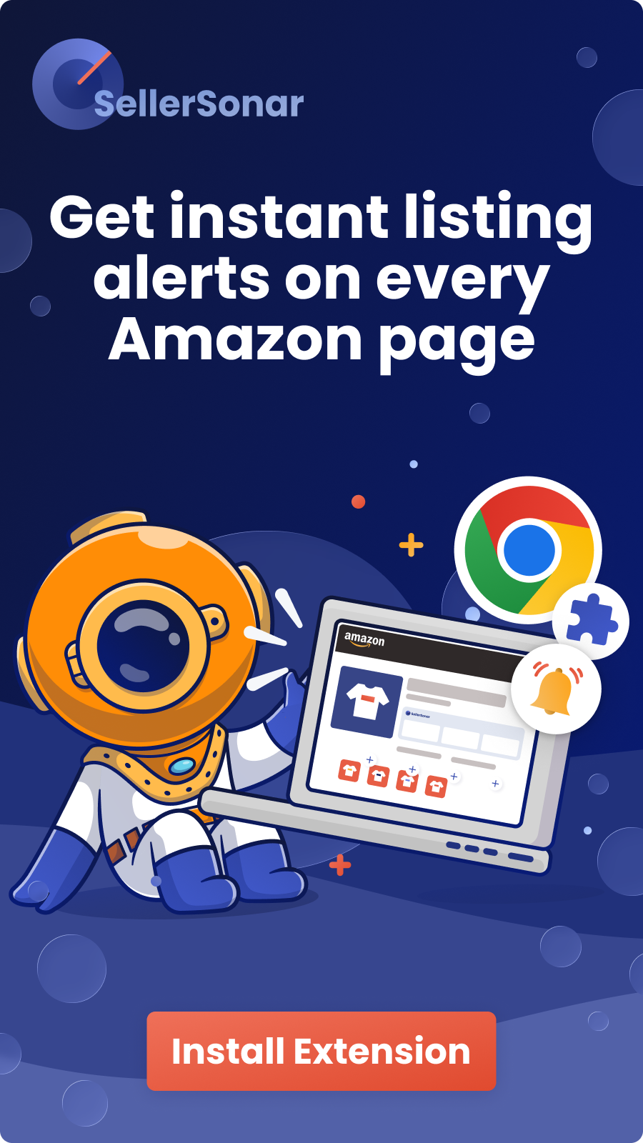 SellerSonar Chrome Extension vertical banner showing Amazon insights directly in the browser with install extension button.