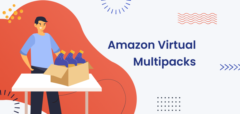 Illustration of Amazon Virtual Multipacks with a seller standing by a box of products next to the title text