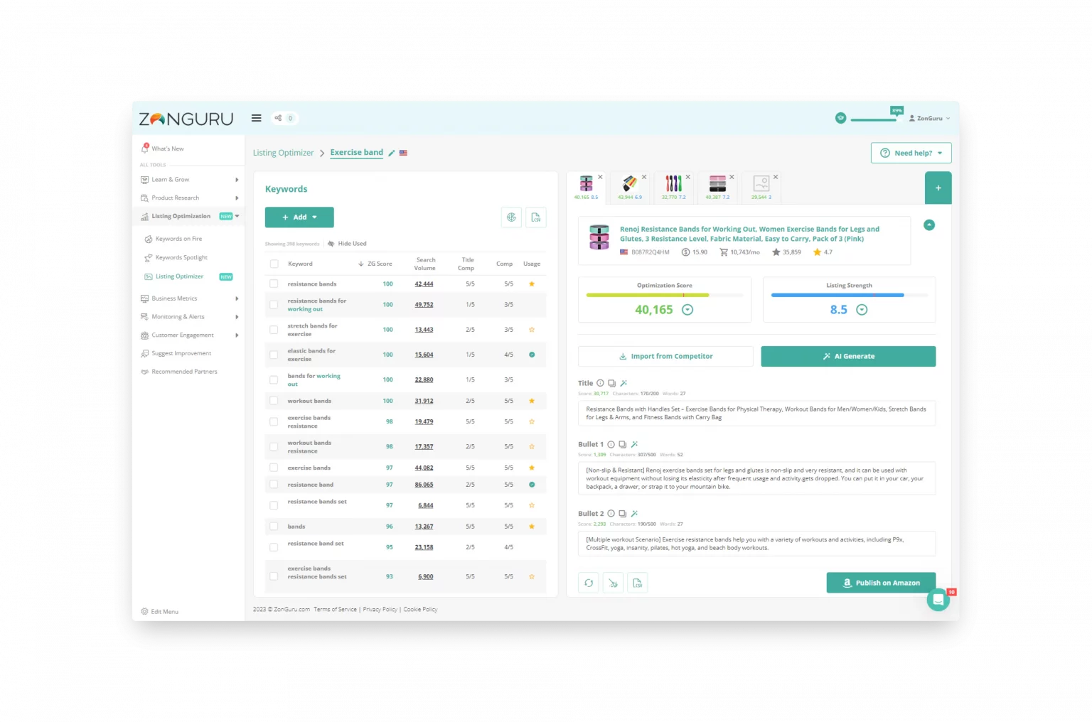 ZonGuru Listing Optimizer with a keyword panel showing search volume, competition and keyword usage beside the listing draft