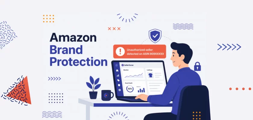 Illustration of an Amazon seller monitoring brand protection alerts in SellerSonar, including an unauthorized seller warning.