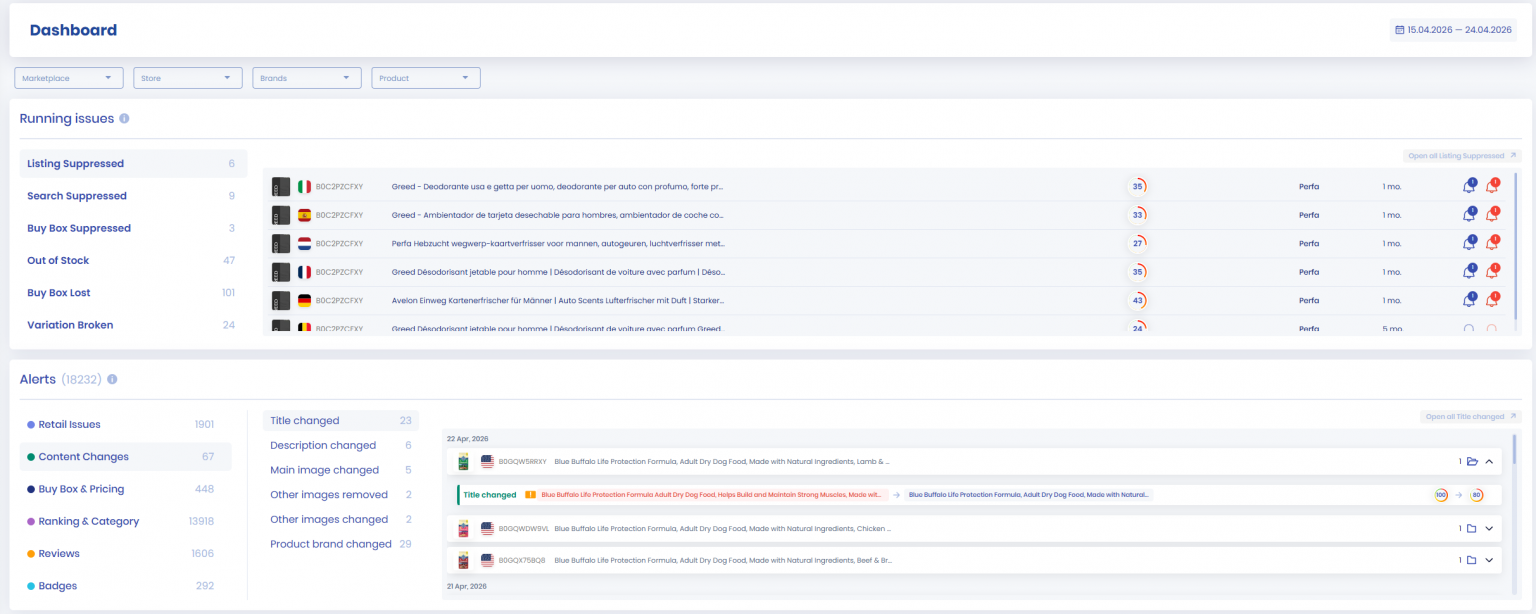 SellerSonar dashboard: running issues and content-change alerts, including a title change with old and new values