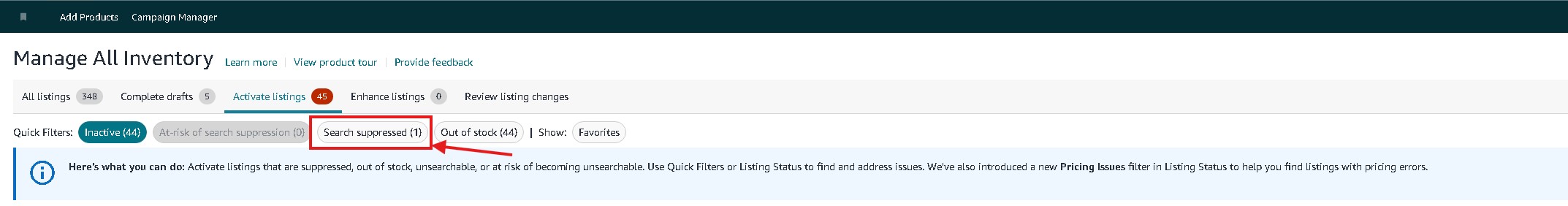 how to find suppressed listings in amazon seller central