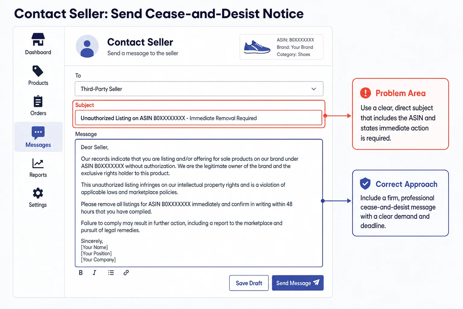 Example cease-and-desist message in Amazon Contact Seller interface
