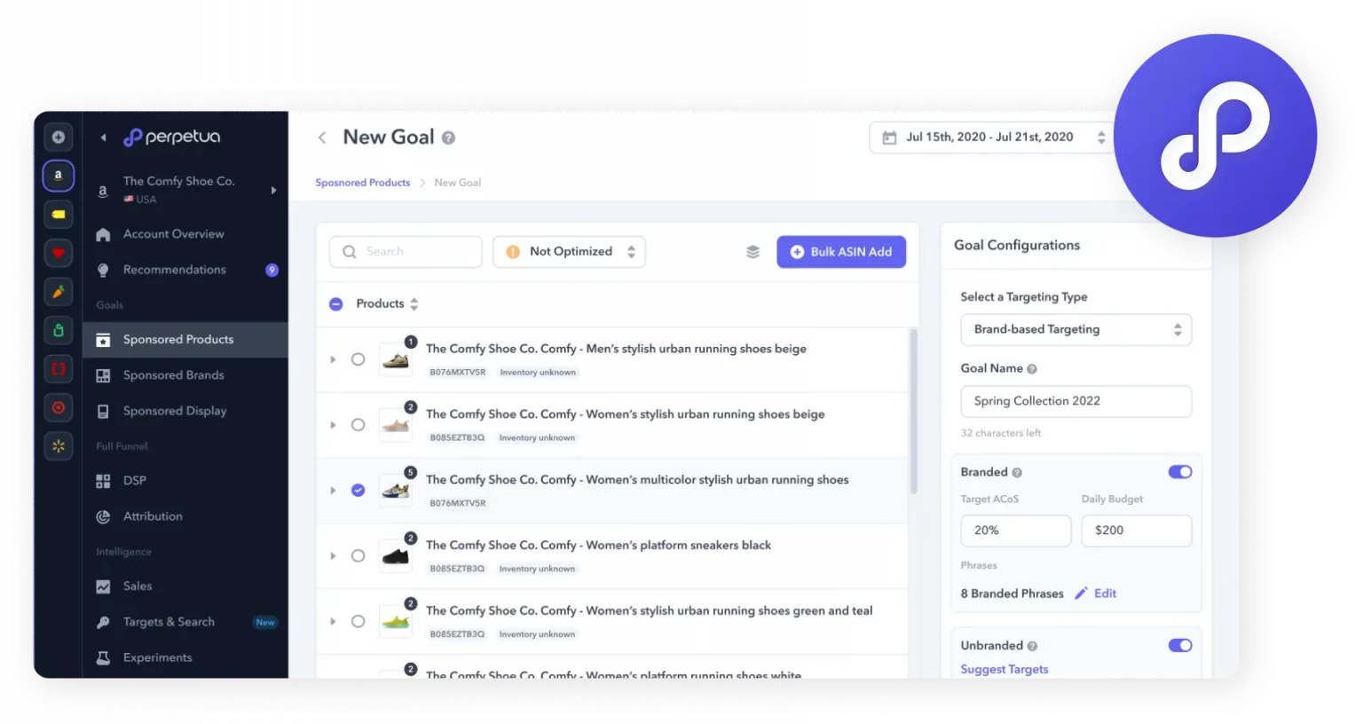 Perpetua Amazon Sponsored Products goal setup with ASIN selection, targeting options, target ACoS and daily budget