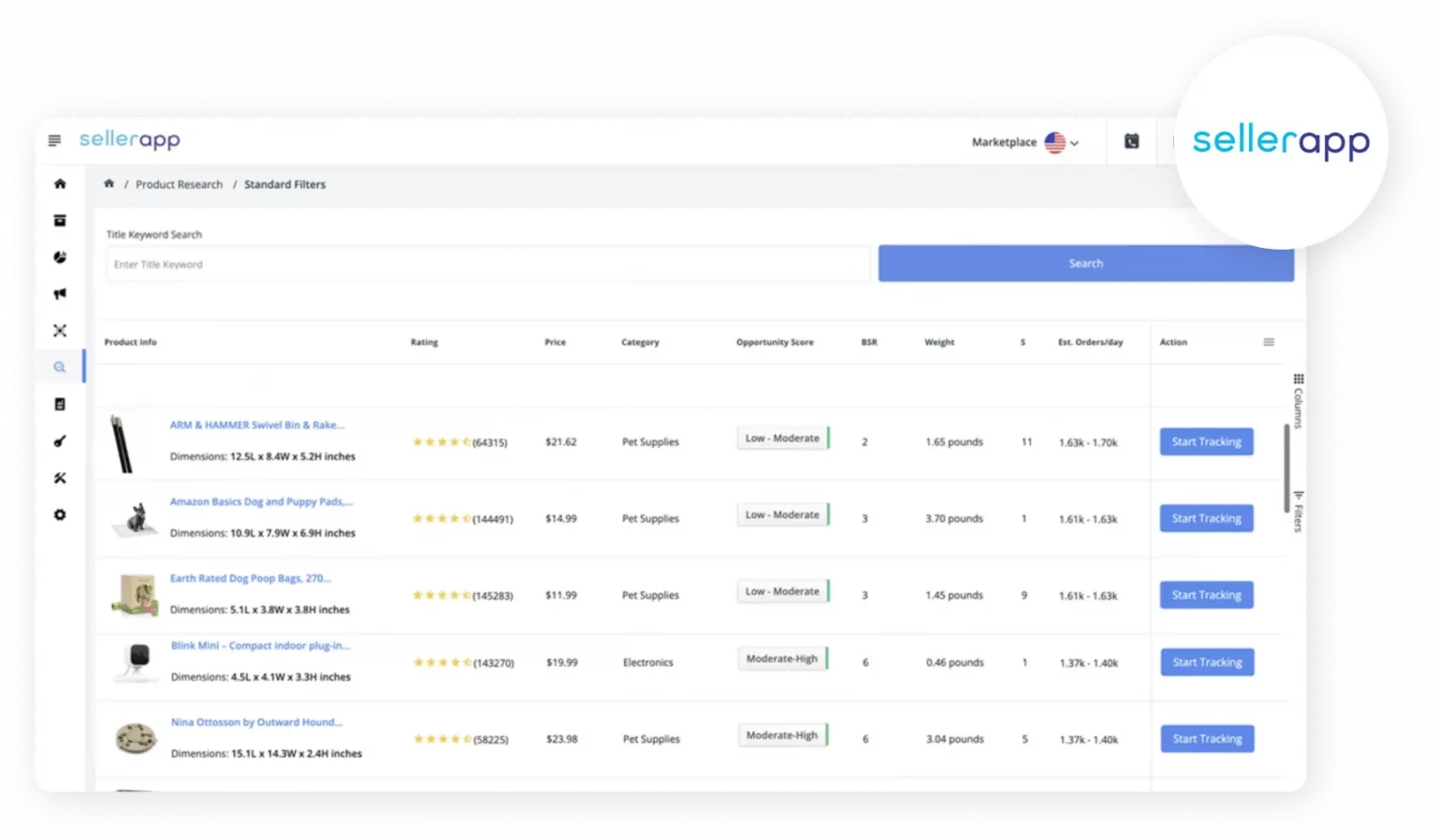 SellerApp product research dashboard showing Amazon ratings, prices, BSR, opportunity scores and estimated daily orders