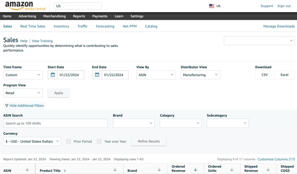 Amazon Vendor Central Sales report showing ordered revenue, ordered units and shipped COGS by ASIN (2024 screenshot)