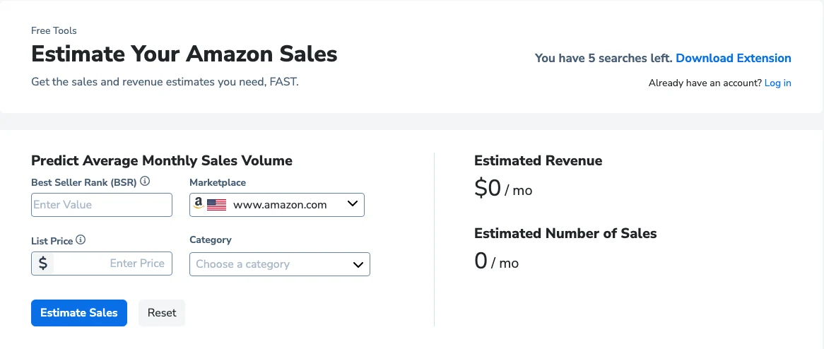 A free Amazon sales estimator taking BSR, marketplace, list price and category as inputs
