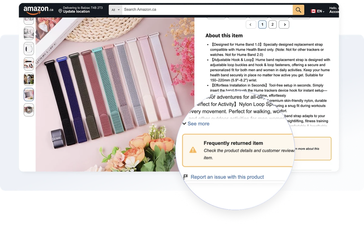 Frequently returned item badge on a live Amazon product listing
