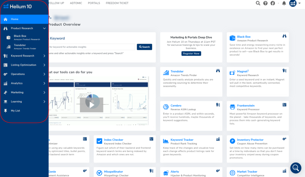 Helium 10 dashboard overview