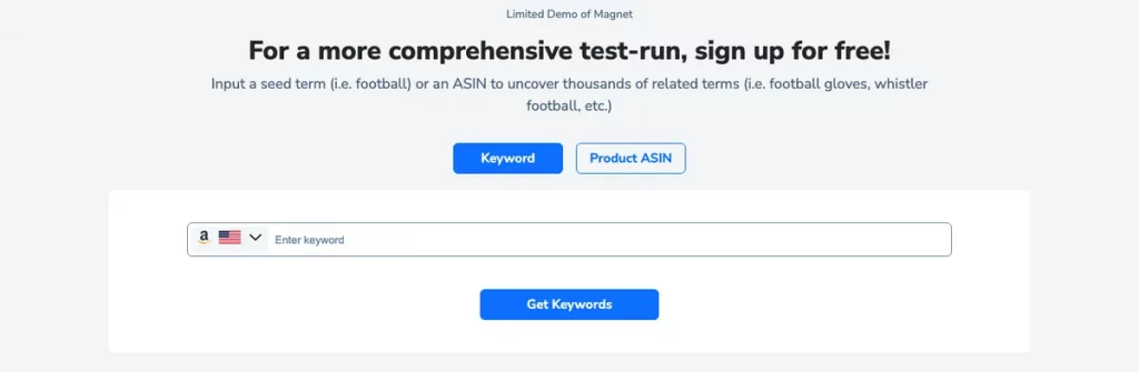 Helium 10 free Amazon keyword tool page labelled Limited Demo of Magnet