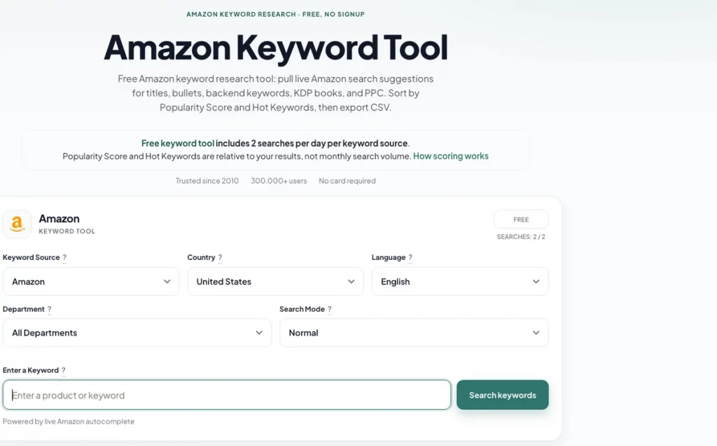 Keyword Tool Dominator stating two free searches per day and no monthly search volume