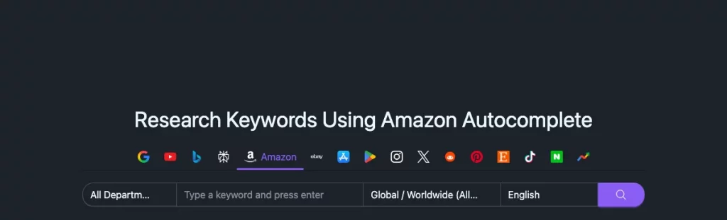 keywordtool.io Amazon page, headed Research Keywords Using Amazon Autocomplete