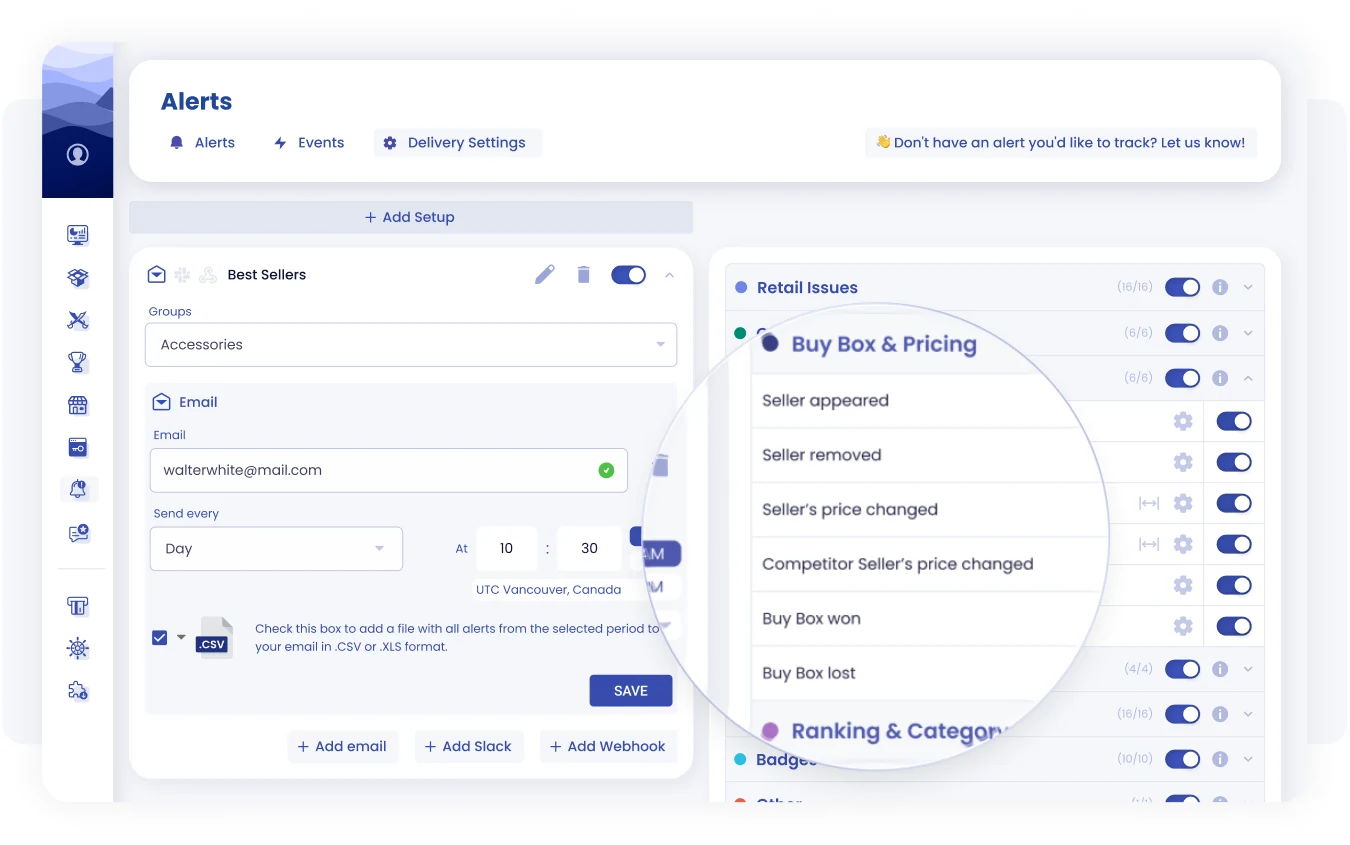 SellerSonar alert delivery by email and in-app notification