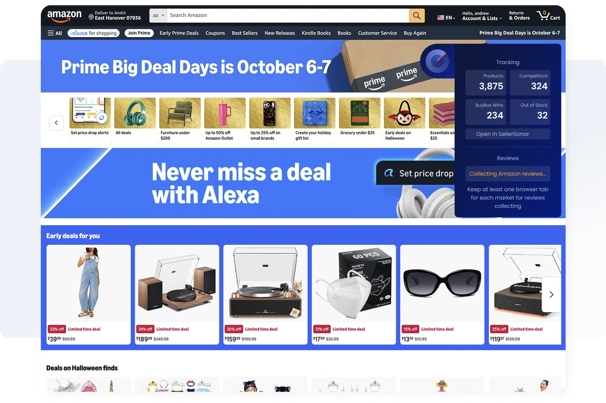 SellerSonar Chrome extension overlaid on the Amazon Prime Big Deal Days page