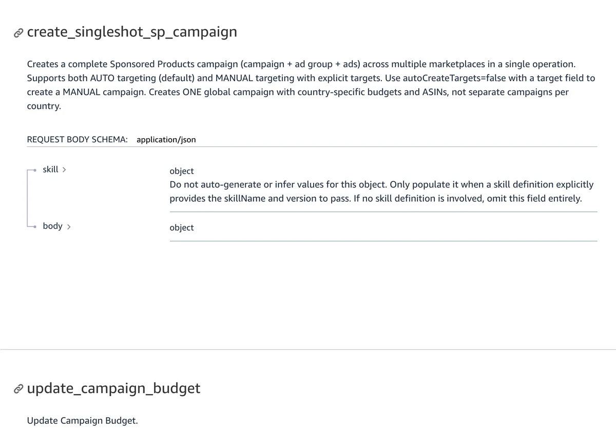 Amazon Ads MCP create_singleshot_sp_campaign tool in Amazon's API documentation