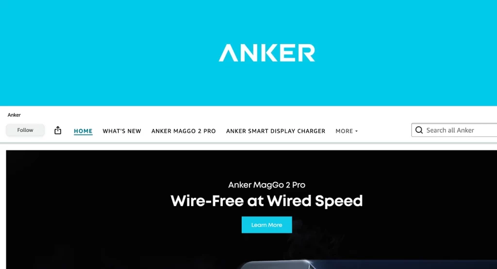Anker's Amazon Brand Store at amazon.com/anker: brand header, Follow button, page navigation and Store search above a hero banner