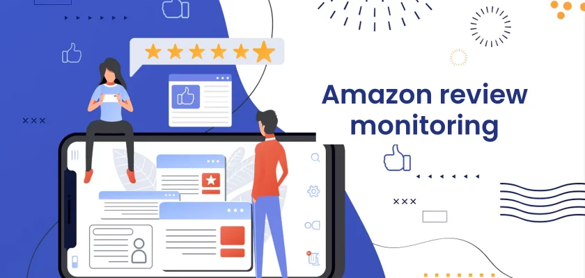 Amazon review monitoring cover illustration with a seller watching product reviews on a phone