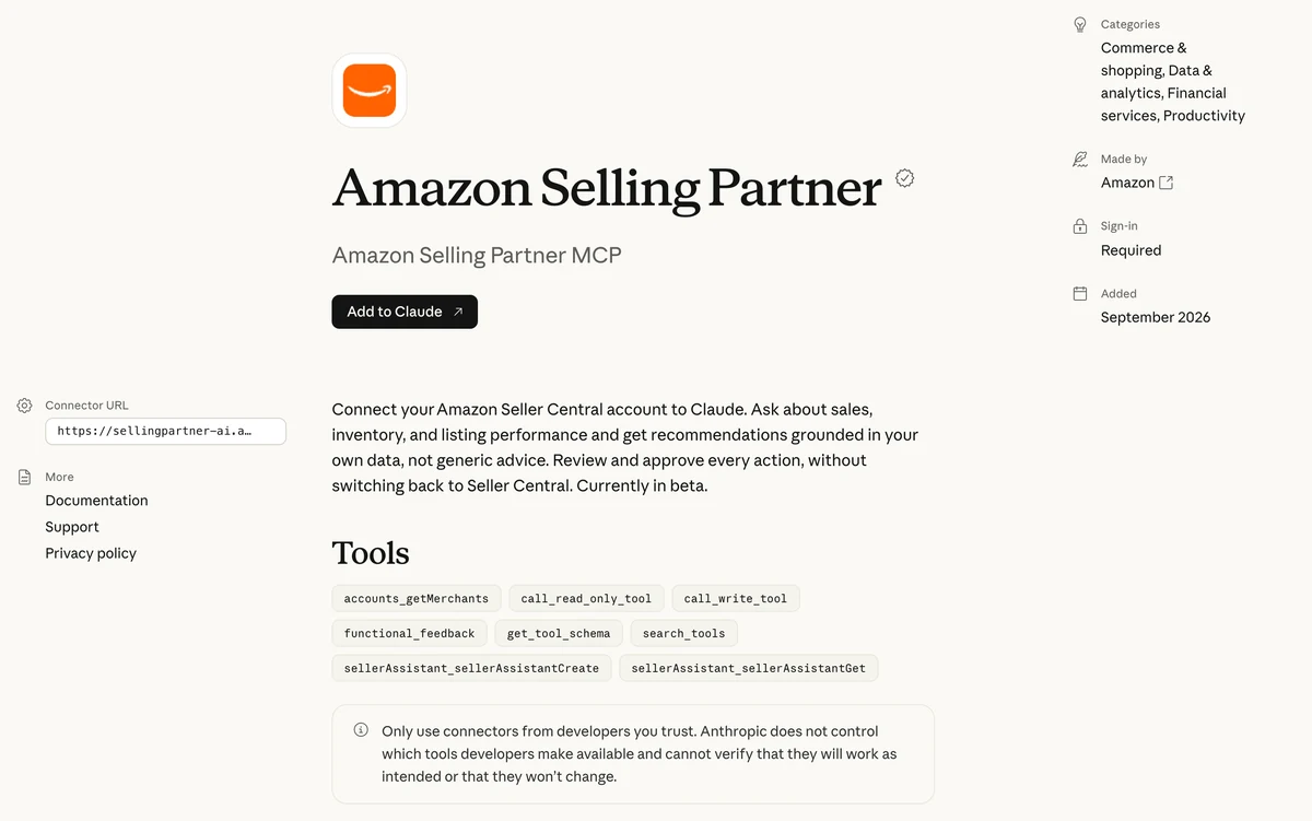 Eintrag des Amazon Selling Partner Plugin im Konnektor-Verzeichnis von Claude
