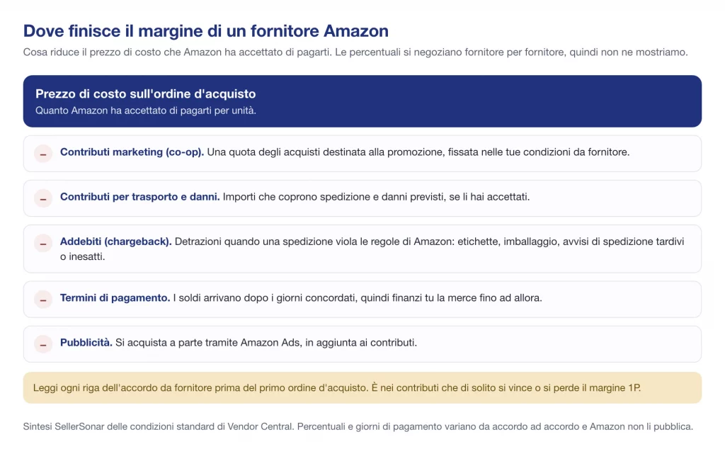 Dove va il margine di un fornitore Amazon: contributi co-op, trasporto e danni, addebiti, termini di pagamento, pubblicità