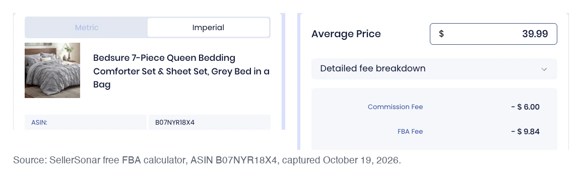 SellerSonar FBA calculator for a $39.99 comforter set: $6.00 commission fee and $9.84 FBA fee
