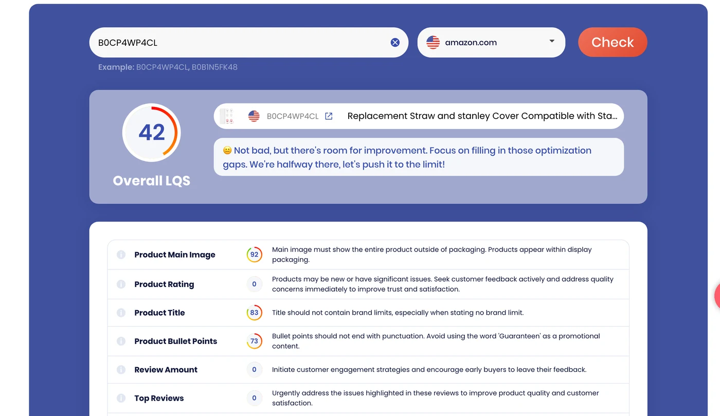 SellerSonar Listing Quality Checker: overall score of 42 with a breakdown by title, bullets, images and reviews