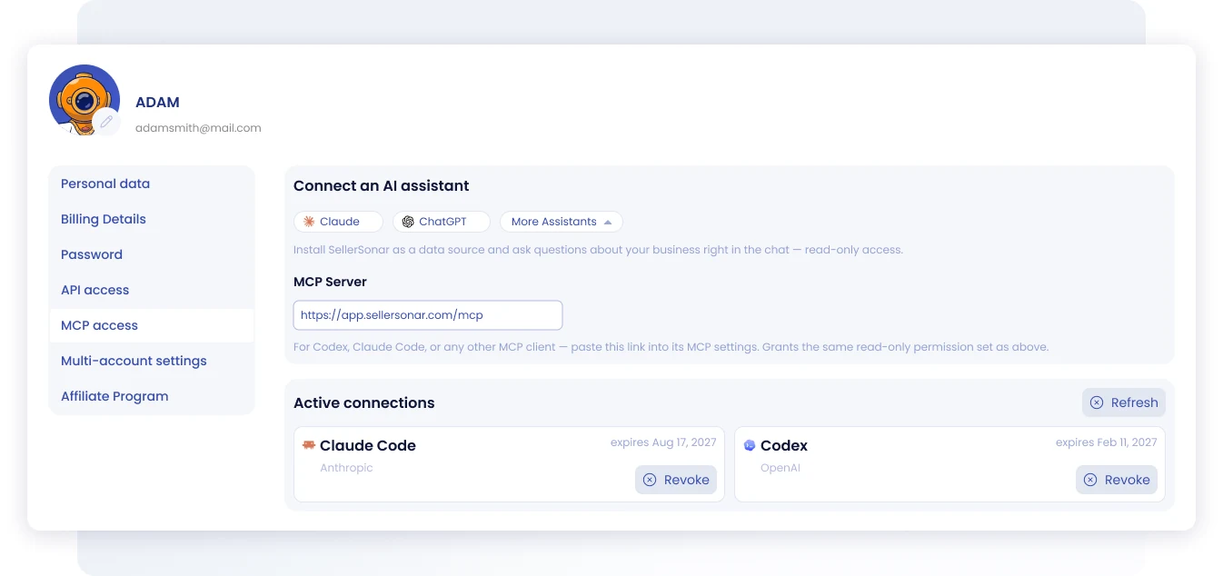 SellerSonar MCP access settings page showing Claude and ChatGPT options, the MCP server URL, and active connections