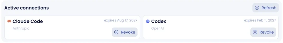 SellerSonar MCP access page listing connected AI apps with expiry dates and Revoke buttons