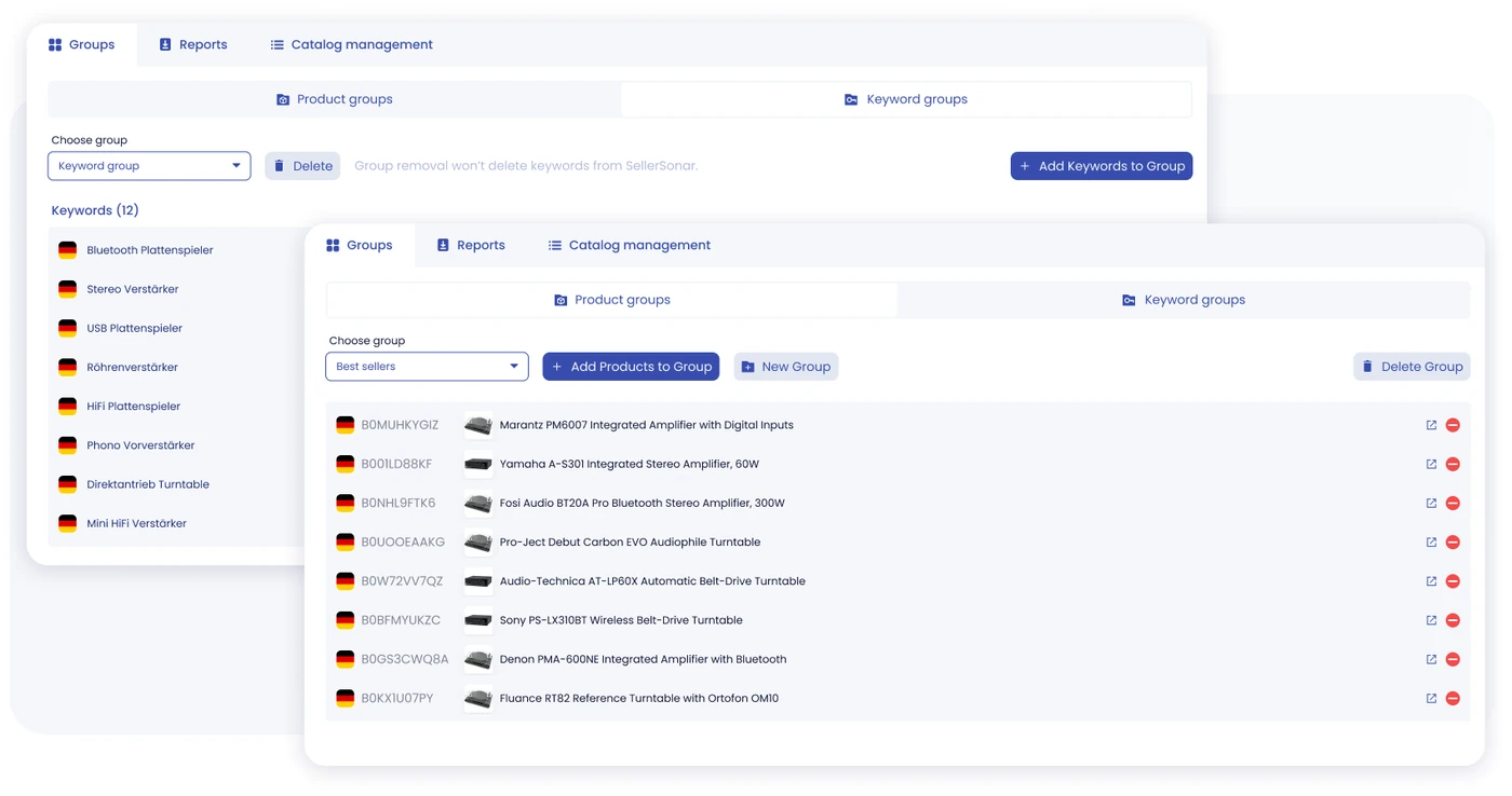 SellerSonar Groups tab with Product groups and Keyword groups, showing options to add products or keywords to a group, create a new group, and delete one