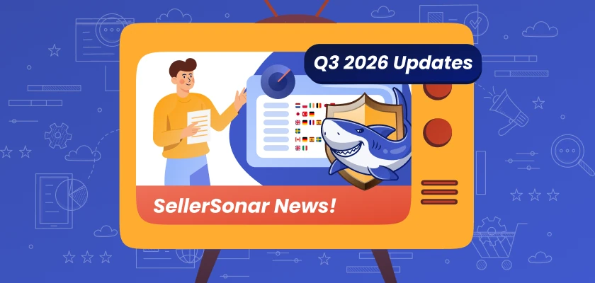 SellerSonar Q3 2026 Updates cover: a retro TV showing the SellerSonar shark mascot and a SellerSonar News banner