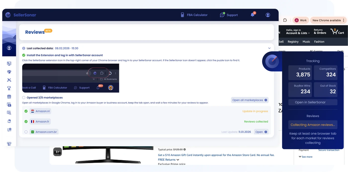SellerSonar Reviews page and browser extension sidebar showing connected marketplaces and review collection progress