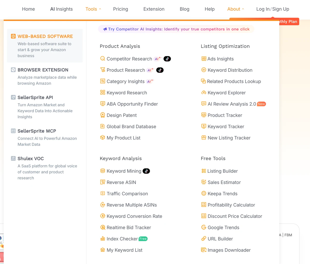 SellerSprite tools menu with a Free Tools column listing Listing Builder, Sales Estimator, Keepa Trends and calculators, and Index Checker marked Free under Keyword Analysis