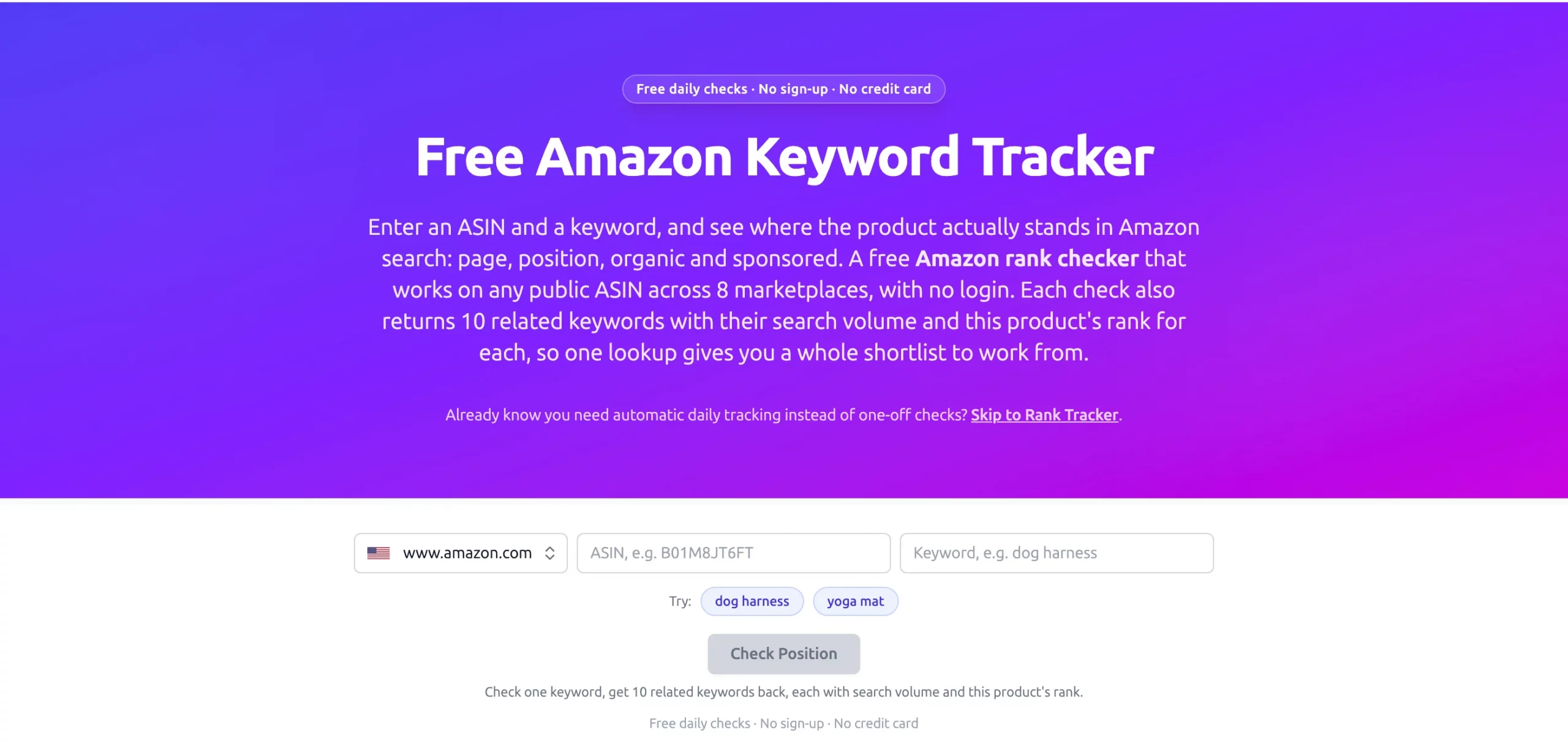 SoldScope free Amazon keyword tracker asking for a marketplace, ASIN and keyword, with no sign-up required