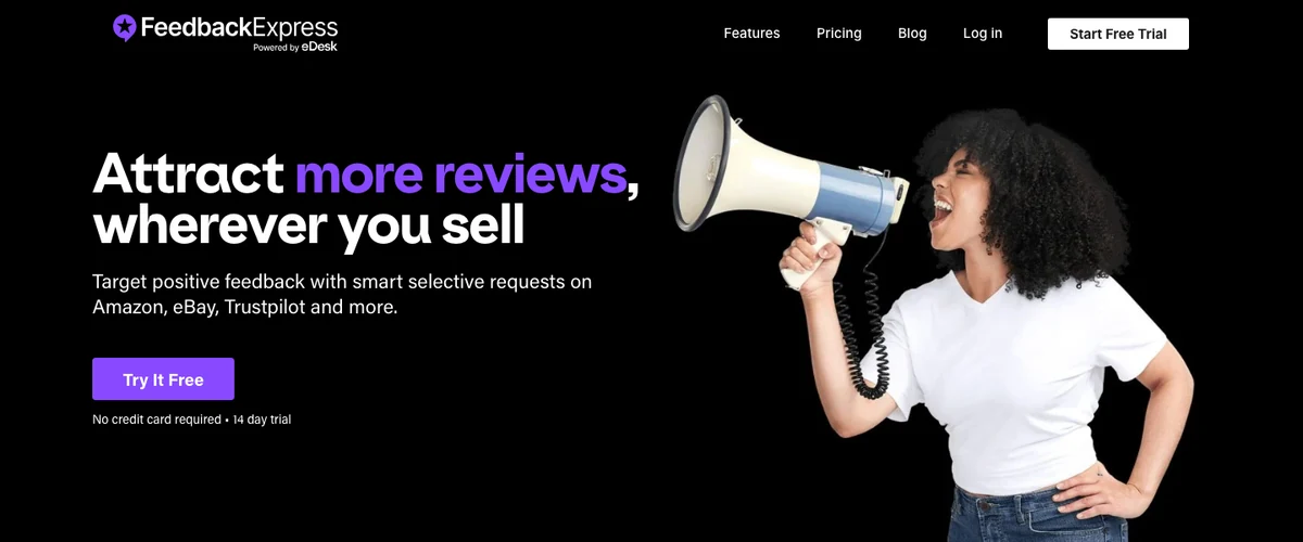 FeedbackExpress homepage showing selective review requests for Amazon, eBay and Trustpilot