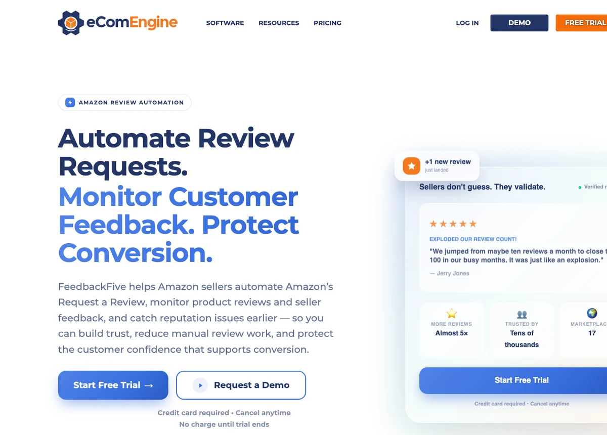 FeedbackFive by eComEngine homepage showing automated Amazon review requests and feedback monitoring